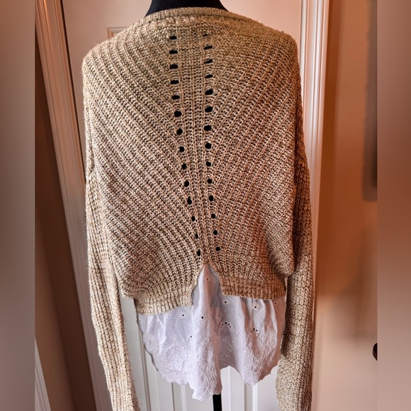 Altar'd State Beige Knit Sweater with white cotton eyelet hem - Picture 6 of 7